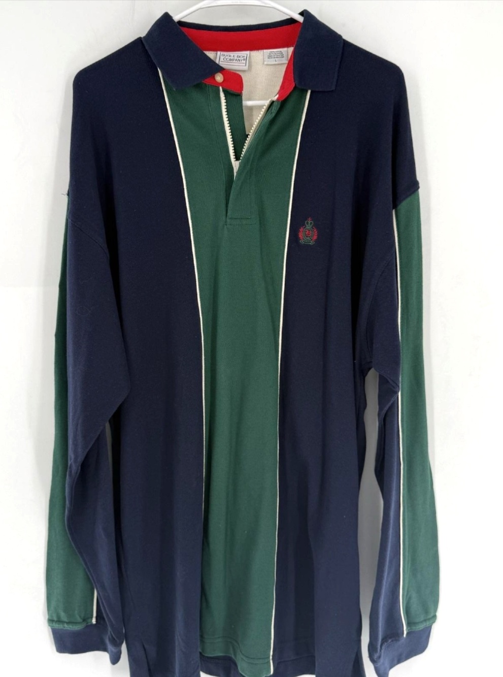 Vtg Bugle Boy Polo Shirt Mens L Blue Green Rugby Colorblock 1/4 Zip Long Sleeve